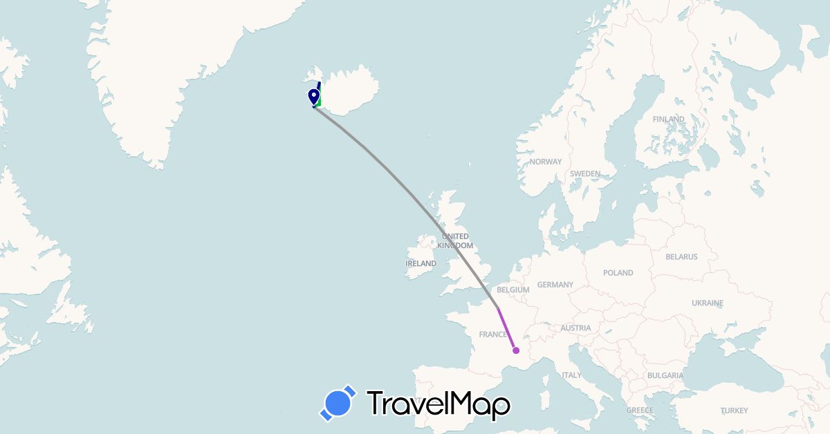 TravelMap itinerary: driving, bus, plane, train in France, Iceland (Europe)